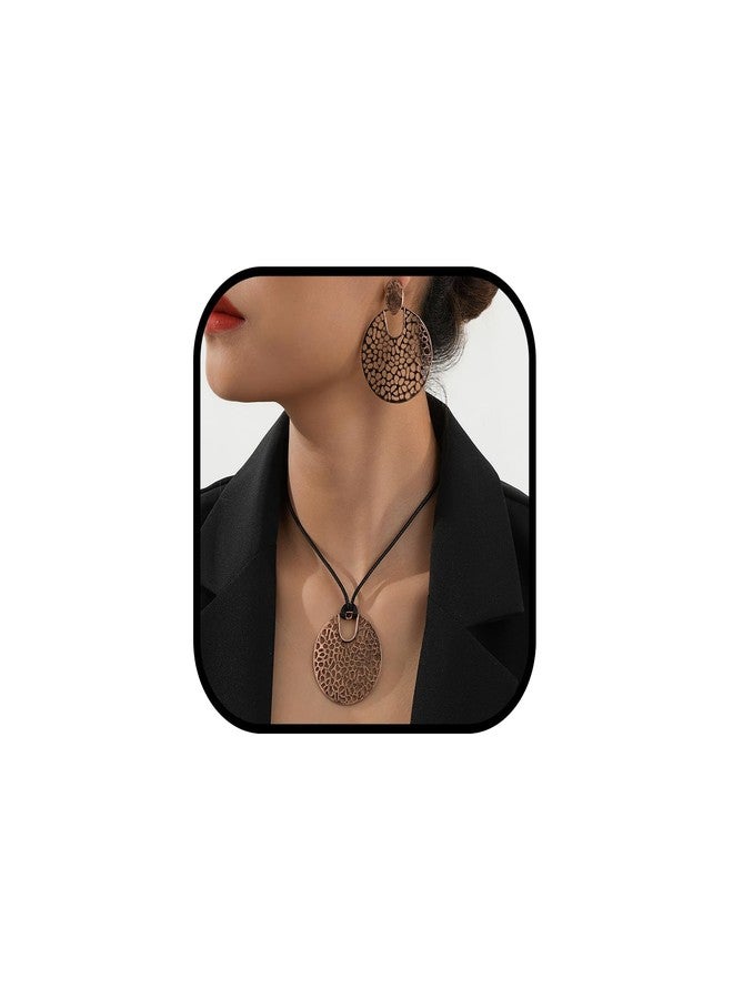 sunglnl Necklace And Earring Sets For Women, Circular Hollow Metal Pendant Vintage Necklaces With Long Chain Bohemian Style Jewelry Gift (Bronze-circle) - Image 1